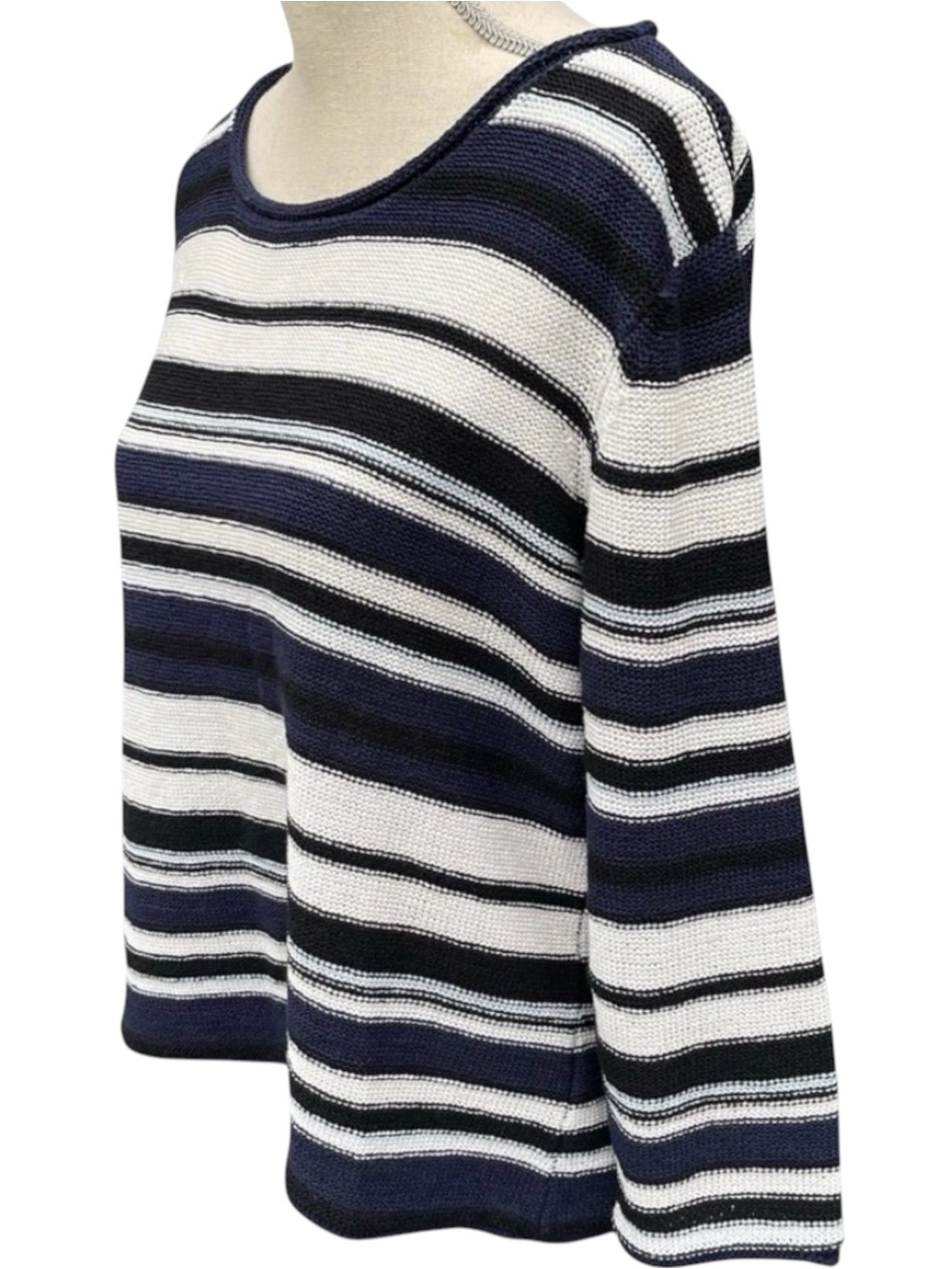 Precis Blue/White/Black Stripe Scoop Neck Cotton Blend Sweater (L/XL)